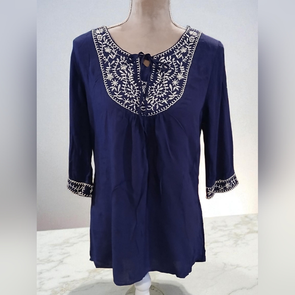 Paige Navy Blue Embroidered Tie Tunic Womans Blouse Size Medium